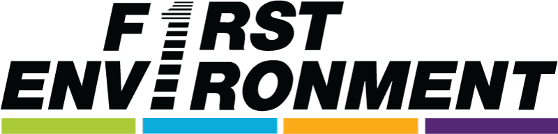 Logo of First Environment, featuring bold black text with "1ST" highlighted, complemented by colored bars in green, blue, orange, and purple below.